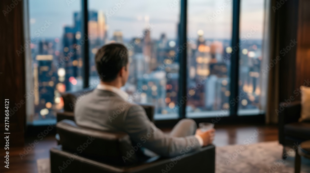 Fototapeta premium Business professional sits in a leather armchair while holding a glass of whiskey, looking out at the city skyline from a high-rise office window during the evening twilight.