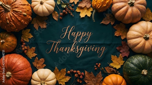 Happy thanksgiving greeting card with assorted pumpkins and colorful autumn leaves on a dark wooden background
