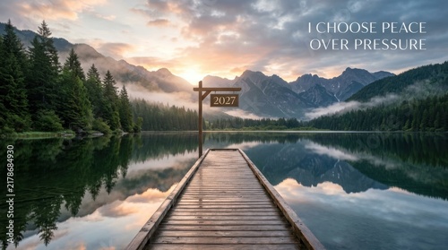 Peaceful 2027 mountain lake sunrise, wooden pier with year sign, serene landscape for mental health and new year goals