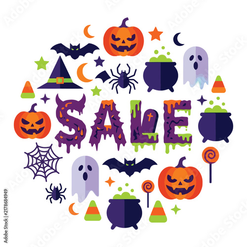 Festive seasonal commercial promotion featuring spooky halloween elements like pumpkins bats ghosts and witches hats arranged in a round shape for advertising autumn shopping events and october