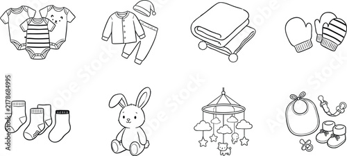 Baby clothes set onesies pajamas blanket mittens socks bunny toy crib mobile bib booties line art vector.