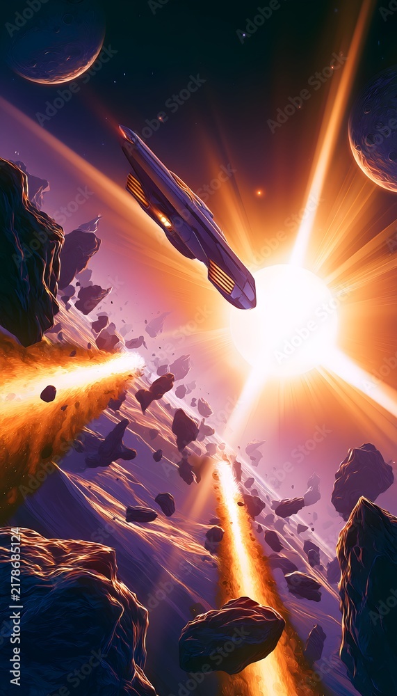 Fototapeta premium Cinematic anime voyage of a futuristic spacecraft navigating a glowing asteroid belt toward a star