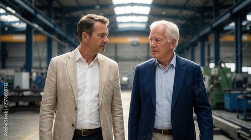 Aging father and eldest son of a family business dynasty discuss operational details while walking the factory floor