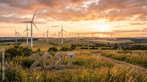 Sustainable energy 2027 wind farm at sunset, renewable wind turbines in green field, future ecology and power industry