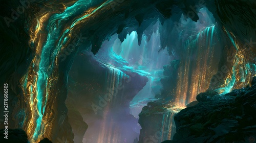 Mystical crystalline grotto with glowing gold and azure veins in a vast subterranean cavern tunnel