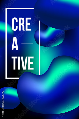 Abstract Fluidity: Bold typography spells CREATIVE against a vibrant gradient background, accented by dynamic, flowing liquid shapes in iridescent blue and green.