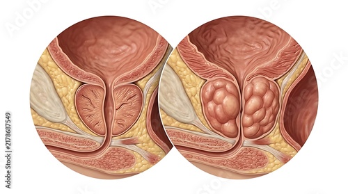 Medical illustration of a healthy prostate gland compared to an enlarged prostate gland showing benign prostatic hyperplasia in a male anatomy cross section