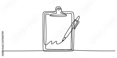 Continuous line drawing of a simple blank clipboard with a pen for office and school tasks or to do list concepts.