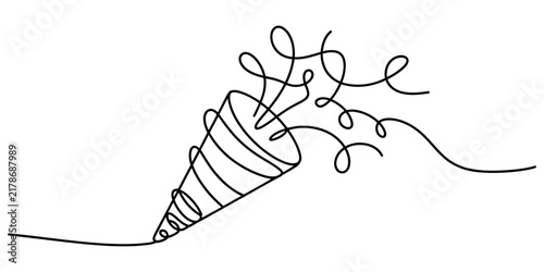 Party popper exploding confetti, celebrating fun, surprise or event, dynamic line drawing with swirling streamers on white background.