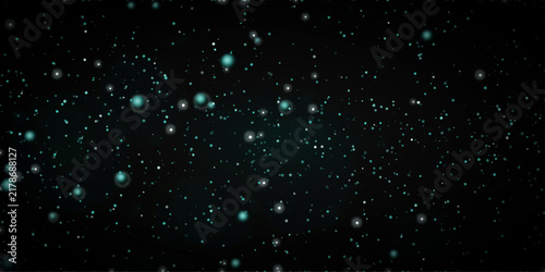 Abstract shimmering particles and bokeh lights create a mesmerizing dark backdrop, evoking a sense of wonder and cosmic mystery.