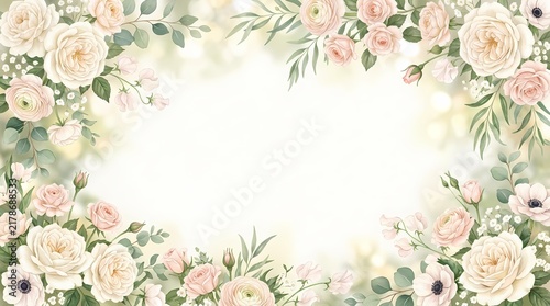 Elegant watercolor floral frame with soft pink and cream roses and green foliage on a pale background.