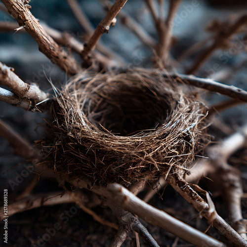An empty, intricately woven bird nest resting on natural wooden branches, representing themes of home, growth, nature, and new beginnings.