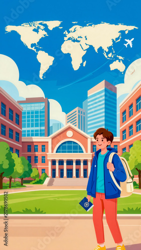 Illustration of student with visa approval outside university