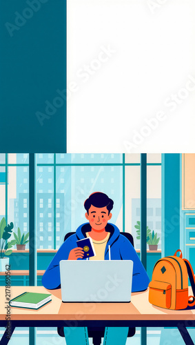 Illustration of student preparing visa application on laptop. Copy space