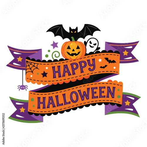 Orange ribbons celebrate the spooky holiday theme featuring a grinning pumpkin flying bat and cheerful spirit surrounded by purple banners and star symbols for a festive seasonal party