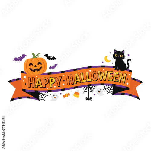 Orange Ribbon Banner Featuring Smiling Jack O Lantern Pumpkin And Black Cat Sitting Next To Spooky Spiders And Bats During The Festive Holiday Celebration Of Autumnal Witchcraft Folklore