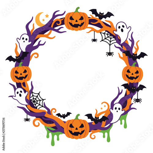 Festive Halloween circular wreath featuring orange pumpkins spooky ghosts flying bats and creepy spider webs for holiday seasonal party decoration border frame design elements to celebrate