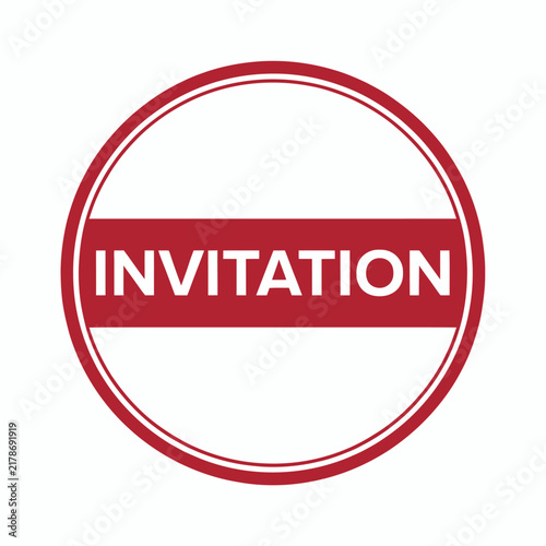 Red round rubber stamp style seal with the word invitation written in white block letters isolated on white background