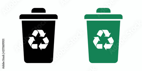 Set of black and green recycling bin icons with isolated background
