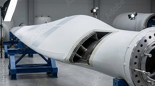Large white wind turbine blade section positioned on support stands inside a manufacturing facility with manufacturing industrial production engineering