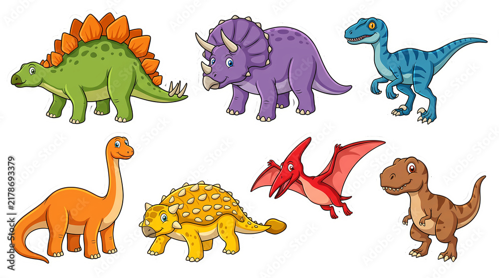 Obraz premium Set of colorful cartoon dinosaurs including stegosaurus, triceratops, raptor, brachiosaurus and tyrannosaurus.