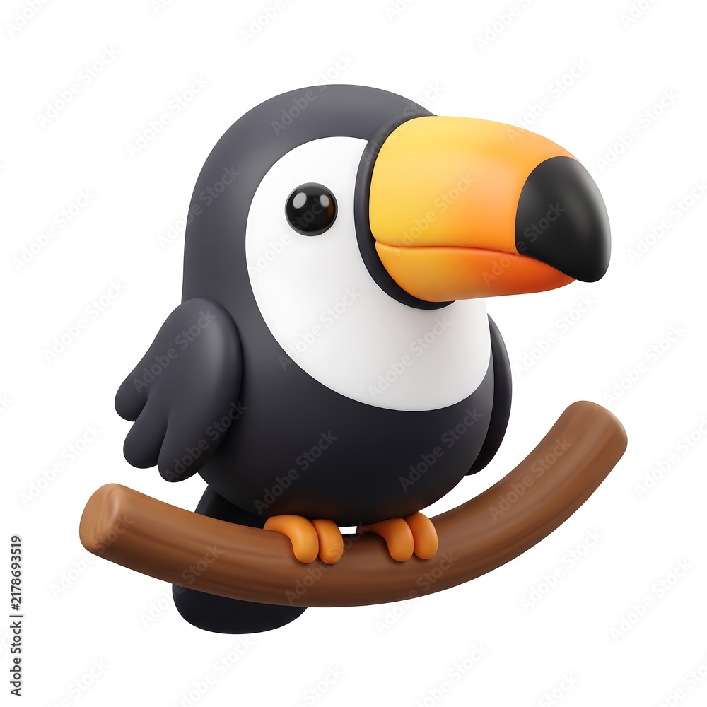 Obraz premium Cute cartoon toucan bird perched on a brown branch against a white background with 3D illustration