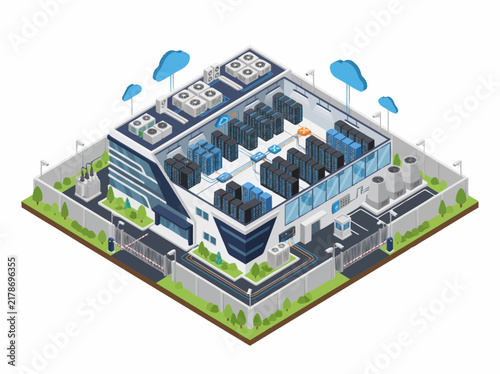 Secure datacenter building enclosed by a fence with server racks visible through the open roof structure.