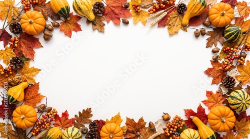A festive autumn border frame made of colorful fall leaves and small pumpkins for a thanksgiving day celebration