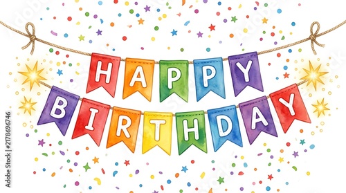 A vibrant and colorful happy birthday banner with a confetti background perfect for joyful celebrations and festive occasions