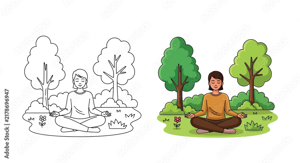 Fototapeta premium Minimalist vector illustration featuring a woman meditating outdoors in a peaceful forest setting with nature trees