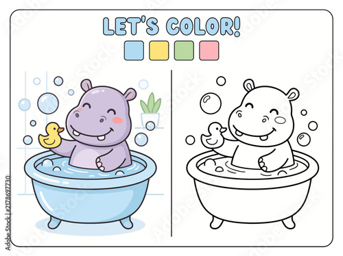 Fotografie Educational coloring page for children featuring a cute cartoon hippopotamus tak