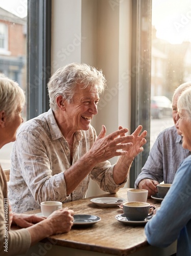 Four elderly friends enjoying coffee together at a table in a cozy cafe, engaged in lively conversation and laughter. The warm sunlight streams in through the window.