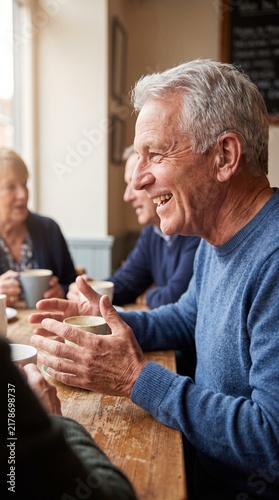 A group of older friends laughing and talking around a table. They are enjoying coffee and each other's company