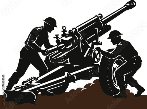 Foto Silhouette of two soldiers operating a large artillery cannon in a field, black
