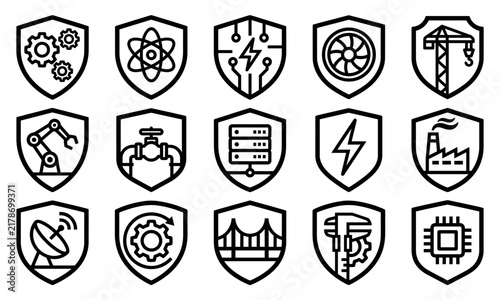 Set of industrial shield icons representing technology energy and manufacturing concepts