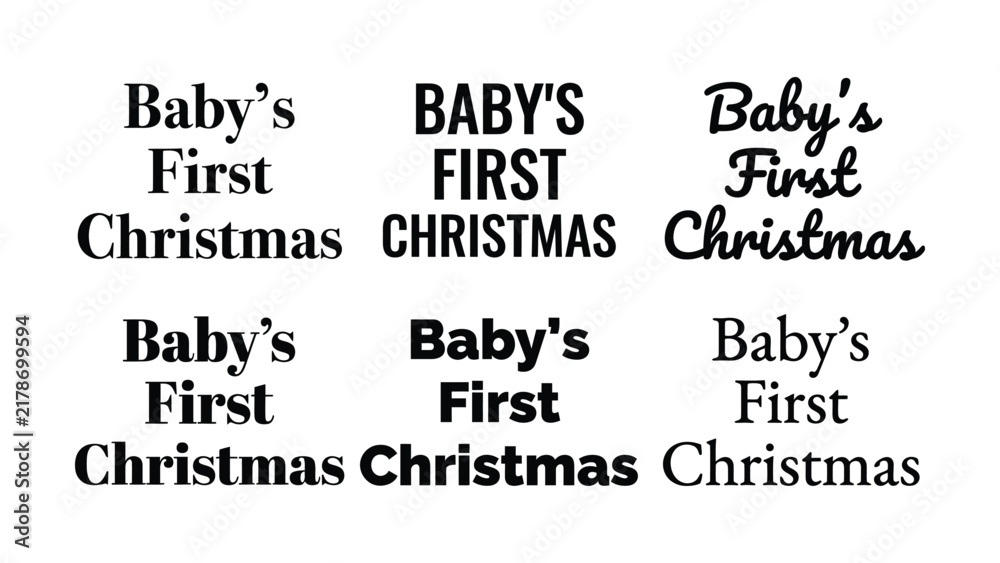 Obraz premium Baby first Christmas messages written in various elegant fonts for holiday cards