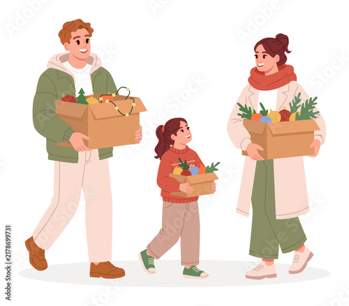Happy Family Carrying Christmas Decorations for Holiday Celebration and Home Preparation. Flat Vector Illustration.