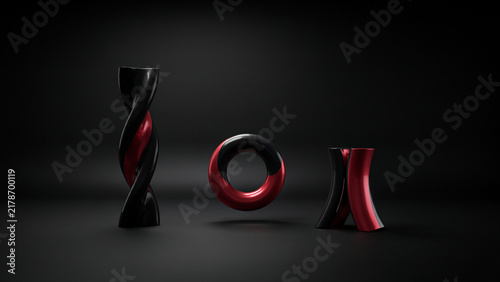 Three black and red abstract sculptures with twisted and circular forms on black
