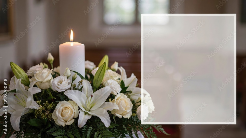 Obraz premium White candle burning in a floral arrangement of lilies and roses
