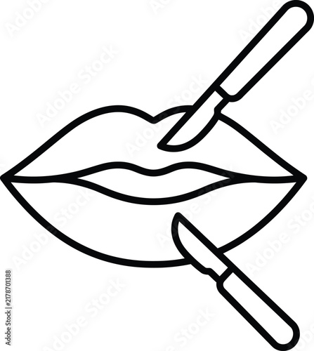 Lips surgery plastic procedure scalpel cutting outline vector icon with procedure illustration hospital