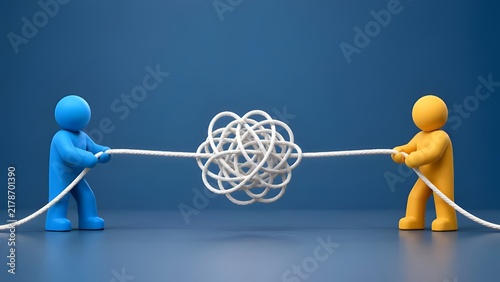 3D blue and yellow human figures pulling a tangled rope representing problem solving, team conflict resolution, and complex workflow challenges