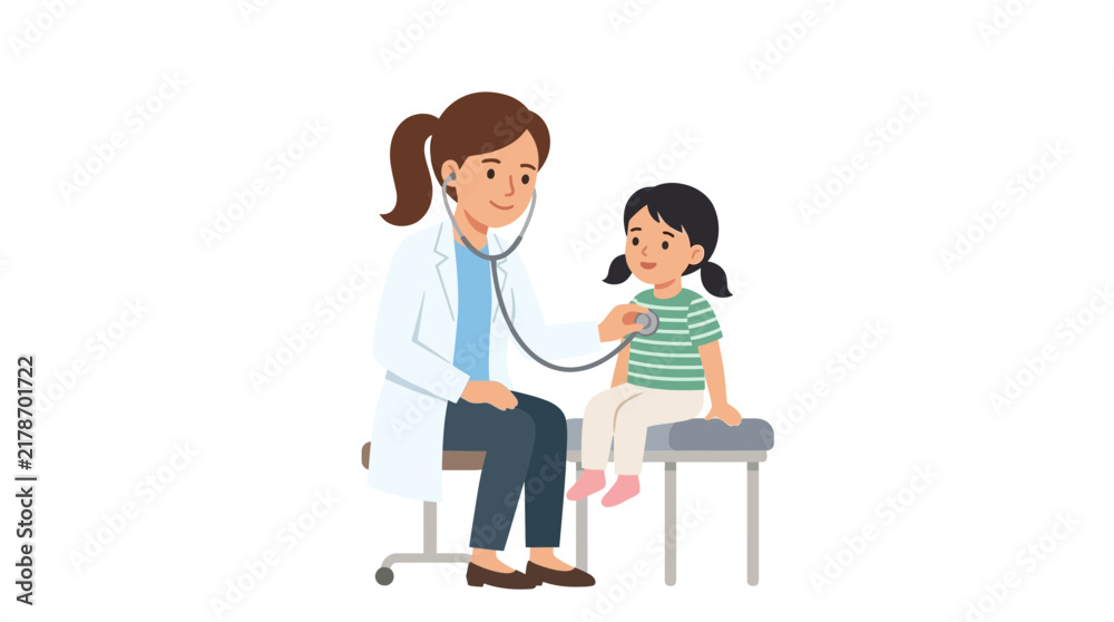 Fototapeta premium Female Doctor Examining Young Girl Patient With Stethoscope Illustration