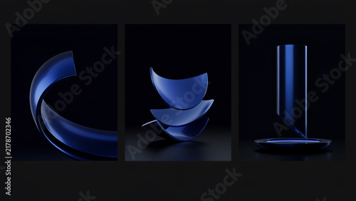 Three dark blue abstract 3D sculptures with curved surfaces on black background