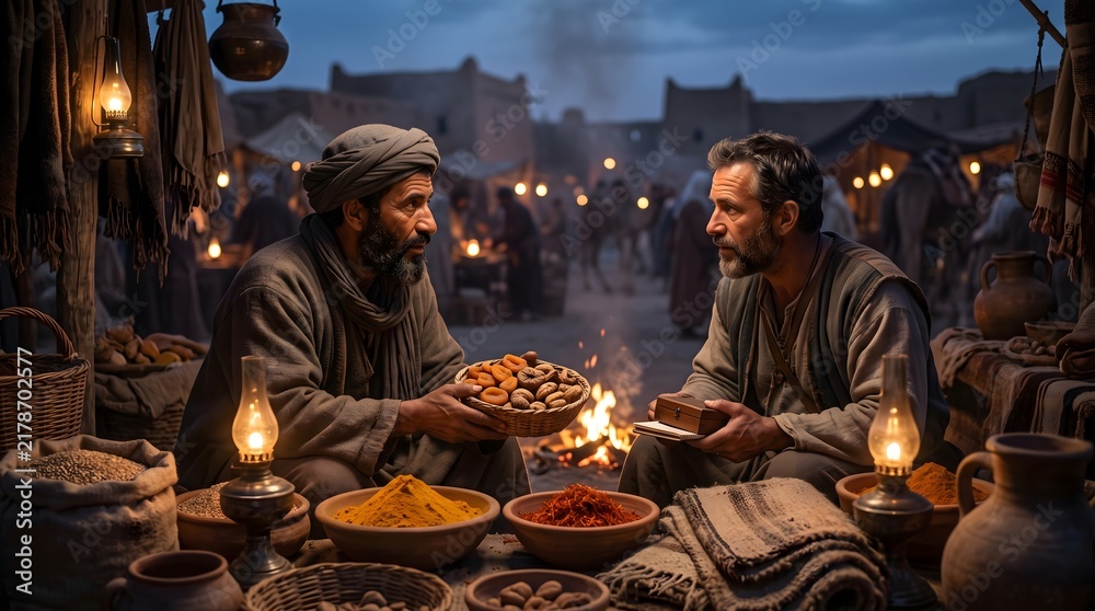 Fototapeta premium Desert merchants negotiating trade of dried fruits and aromatic spices beside campfire in bazaar