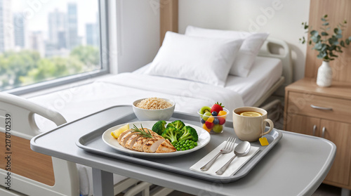 Balanced hospital meal tray with grilled chicken, broccoli, fruit, and tea beside a patient bed near a window