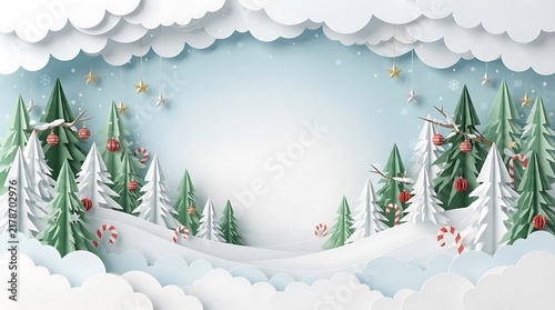 Winter wonderland papercraft scene with snowy trees and a blank space for text