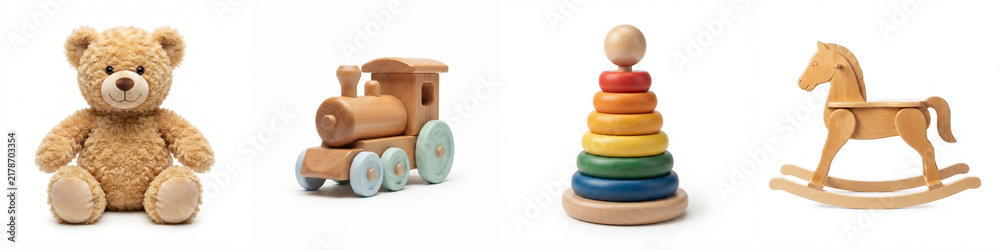 Fototapeta premium Wooden toys and teddy bear collection featuring a train, stacking pyramid, and rocking horse isolated on white background, perfect for nursery, preschool, and child development design