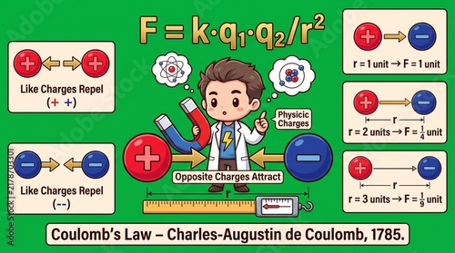 Coulomb's Law physics infographic with cartoon scientist explaining electric charges