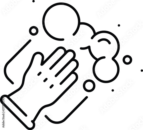 Gloved hand cleaning surface with soap bubbles outline icon cleaning housework sanitation minimalist