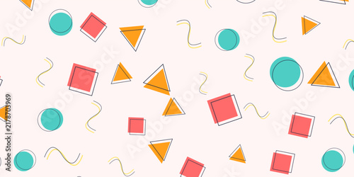 Colorful Memphis style geometric shapes pattern on light background